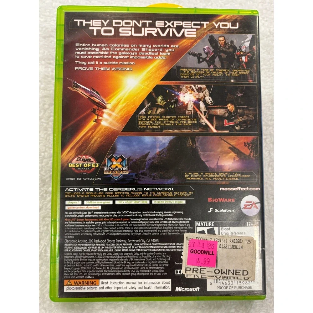 Mass Effect 2 Xbox 360 BioWare EA Sci-Fi Action RPG 2-Disc Set 2010 NTSC